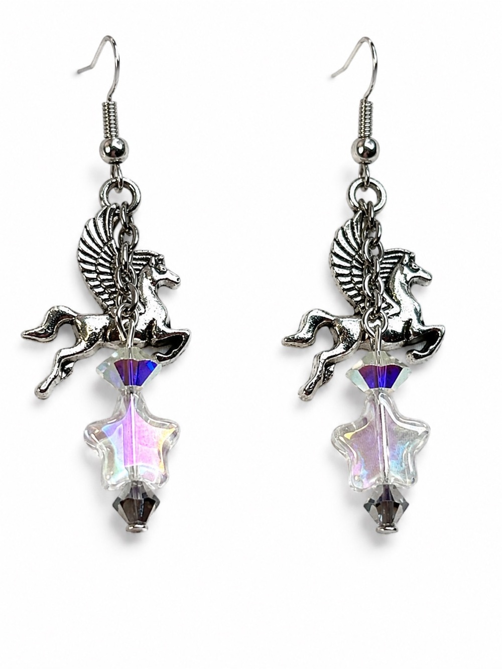 Vintage Swarovski AB Crystal Pegasus Star Dangle Earrings 925 Hooks